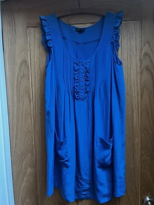 Topshop кобальтовый синий 100% шелк оборки трапециевидный без рукавов размер 10 отличное состояние товара  - Изображение 1 из 4