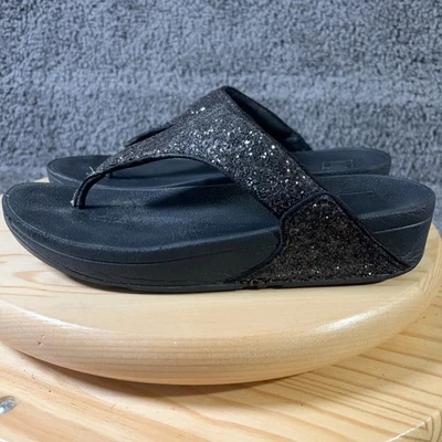 FitFlop LuLu Glitter Wedge Sandals Women Size 9 Black Thong Slip On Comfort Shoe - Image 1 of 4