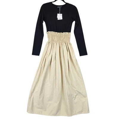 Zara Dress Womens Small Black Beige Long Sleeve Maxi Smocked Waist Cotton New - Image 1 of 4