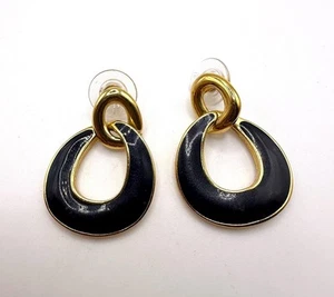 Pendientes perforados colgantes vintage Monet tono dorado y azul marino aldaba puerta años 80 - Imagen 1 de 10