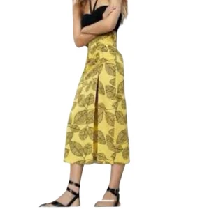 Zara Yellow Leaf Print Slit Midi Skirt High Waist Linen Blend M - Picture 1 of 11