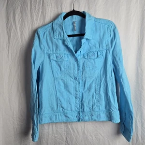Lulu B Linen Jacket Raw Edge Turquoise Women's Medium Coastal Beach Resort  - Picture 1 of 10
