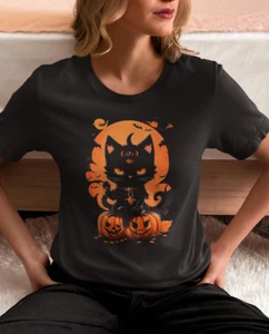 Cute Cat Halloween T Shirt Spooky Pumpkin Animal Shirt Black Cat Gothic Tee - Picture 1 of 28