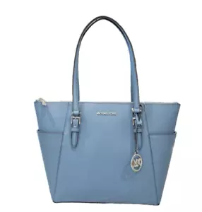 MICHAEL KORS CHARLOTTE LG TOP ZIP TOTE SHOULDER BAG DENIM/SILVER TONED HARDWARE - Picture 1 of 11