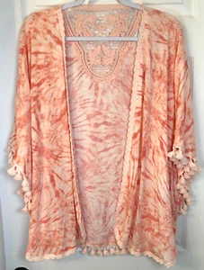 NEW Directions Top Sz L/XL Tie Dye Peachy Pom Pom Open Cardigan Cover Kimono NWT - Picture 1 of 8