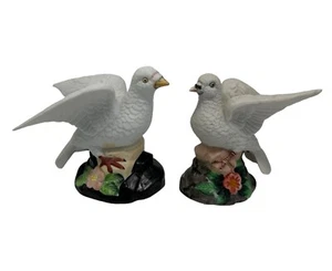 2 Vintage Porcelain White Doves  Pink Dogwood Flowers  5.5” And 5” Tall - Picture 1 of 9