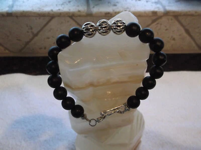 MEN'S HANDMADE 8.5" 10 MM BLACK MATT AGATE/TIBETAN SILVER BEAD CAP BRACELET - Image 1 of 4