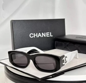 CHANEL 5525 POLARIZED BLACK & WHITE RECTANGLE SUNGLASSES | SHIPS TODAY! | - Picture 1 of 3