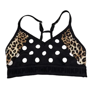 Victorias Secret PINK Sports Bra Large Black Ultimate Pullover Polka Dot Animal - Picture 1 of 7