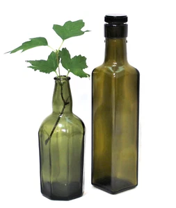 Olive Green Glass Bottles Square & Octagon Jars Set 2 - Picture 1 of 6