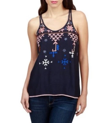 Lucky Brand Women’s Strappy Navy Tank Embroidered Bohemian Size Small New $90 - Image 1 of 4