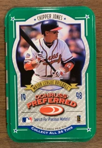 1998 DONRUSS PREFERRED CHIPPER JONES (HOF) PICTURED ON EMPTY GREEN TIN - Picture 1 of 2