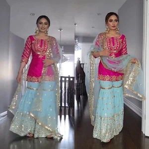 TRAJE SHARARA SALWAR KAMEEZ HECHO A MANO MUJER INDIO PAKISTANÍ KURTI PLAZZO boda - Imagen 1 de 11