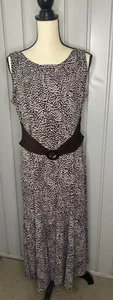 PERCEPTIONS NEW YORK Dress Womens Sz 14 Brown White Sleeveless Belt Detail Midi - Picture 1 of 11