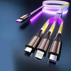 Glowing LED Light Cable 3 in 1 Fast Charging Cord Type C Micro USB For Charg _ou - Zdjęcie 1 z 7
