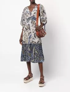 Cara Cara Batik Floral Midi Dress Blue WhiteMixed Print V-Neck Boho Small - Picture 1 of 18