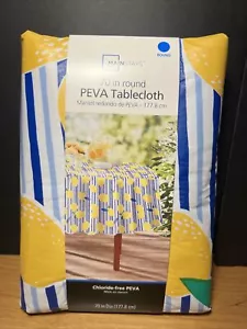 BRAND NEW Mainstays 70" Round PEVA Vinyl Lemon & Blue Stripe Tablecloth - Picture 1 of 5