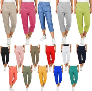 Womens Cherry Berry Cropped Capri Pants 3/4 Length Elastic Waist Summer Trousers - Picture 1 of 55