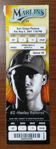 Miami Florida Marlins Ticket Stub 05-05-07 vs Padres Hanley Ramirez - Fast Ship Cover