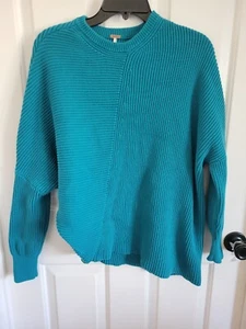 Free People Downtown Asymmetrical Ribbed Sweater Turquoise Blue Pullover Small - Picture 1 of 5