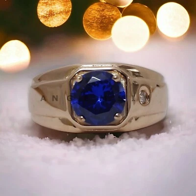 Zafiro azul con anillo enchapado en oro de plata de ley 925 para hombre #AL358 Foto 1 de 4