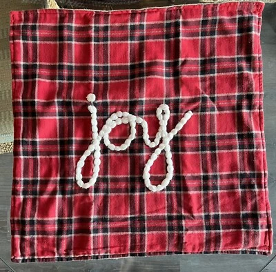 Pottery Barn JOY Red Plaid Embroidered Christmas Pillow Cover 20X20” Square EXC! - Image 1 of 4