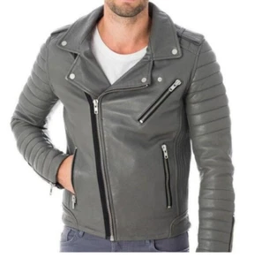Handmade New Men’s Gray Leather Biker Jacket Casual Coat Wear Jacket For Men - Picture 1 of 3