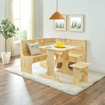 3 pc Natural Wooden Breakfast Nook Kitchen Dining Set Corner Booth Bench  Table - Image 1 of 2