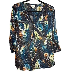 Ariat tunica top blusa manica 3/4 astratta colorata trasparente boho donna taglia M - Foto 1 di 6