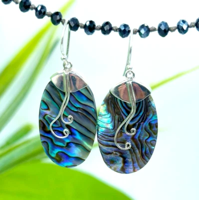 Серьги из стерлингового серебра 925 пробы с овальным абалоном пауа ручной работы НОВЫЙ ДИЗАЙН! - Изображение 1 из 4