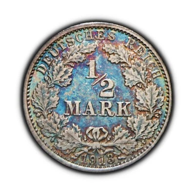 GERMANY. 1913, 1/2 Mark, Silver - Empire, Reichsadler Eagle, Karlsruhe G 🌈 - Image 1 of 3