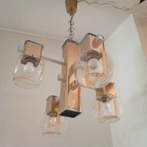 Italian 1970s Cubic Brass and Murano Glass Sciolari Chandelier Ceiling Lamp - Picture 1 of 12
