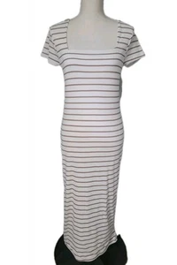 New With Tags Justify Maxi Dress Sz L White W/Goldish Brown Stripes Side Slit - Picture 1 of 14