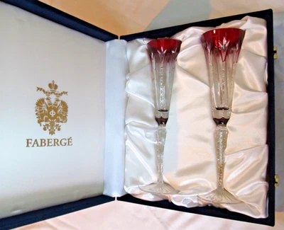 FABERGE Firmado Palais Royal Rojo Cristal Acanalado Champagne Par en Caja 10 1/8" NUEVO Foto 1 de 4