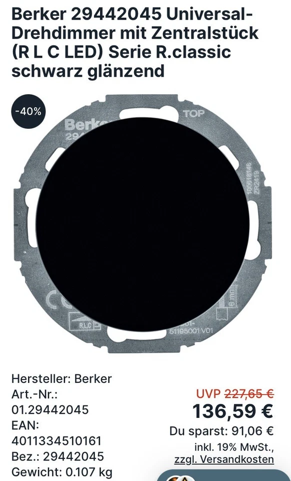 Berker Universal Drehdimmer R.classic schwarz glänzend - Bild 1 von 1