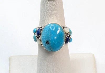 SZ 925 Sterling Silver Turquoise Lapis Mother of Pearl Statement Ring Sz 6 - Image 1 of 4