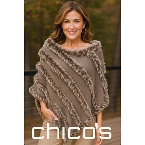 Poncho tejido Chico’s ribete de piel sintética marrón topo acogedor elegante capa de otoño S/M - Imagen 1 de 9