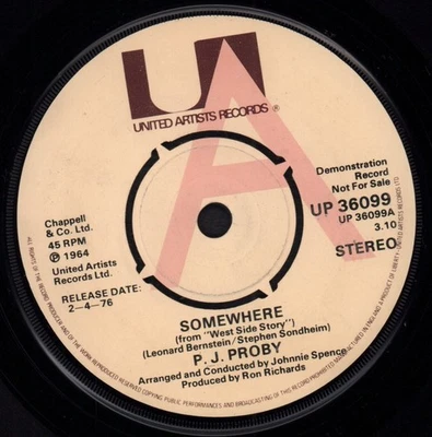 P.j. Proby Somewhere 7" vinyl UK United Artists 1976 Demo reissue of 1964 - Image 1 of 2