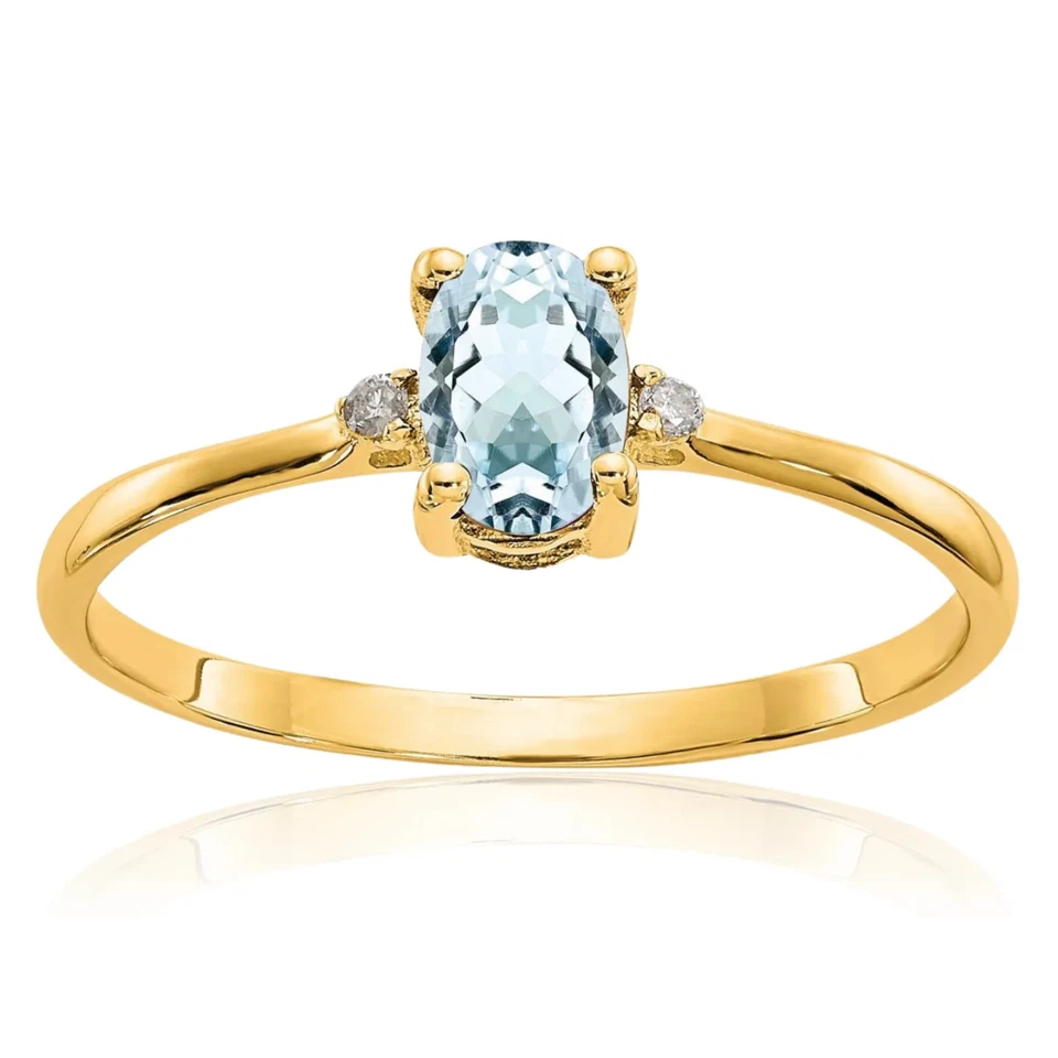 10K Solid Yellow Gold Diamond Aquamarine Ring - Image 1 of 4