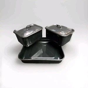 Vtg Farmhouse Black Enamelware Square Pan Kitchen Cook Storage Container Pan Set - Picture 1 of 7