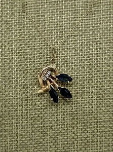 Vintage Pendant Marquis Cut Sapphires Diamonds 14k Yellow Gold - Picture 1 of 5