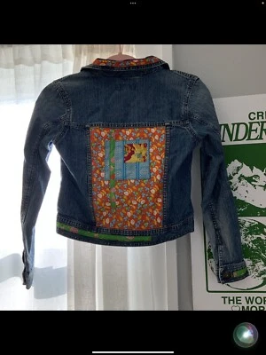 UPCYCLED GIRLS DENIM JEAN JACKET Size Medium Blue Patchwork Floral Orange - Image 1 of 4