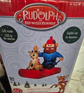 Gemmy 5 Fuß breit Rudolph & Yukon Cornelius auf Schlitten Weihnachten aufblasbar - Bild 1 von 2