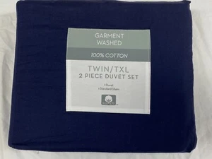 GARMENT WASHED 100% Cotton TWIN Duvet Cover Set - NAVY BLUE - Picture 1 of 3