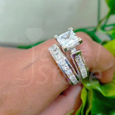 Braut Ring Set 3 Karat Princess Diamant Trauring Verlobungsring Weißgold-Finish - Bild 1 von 4