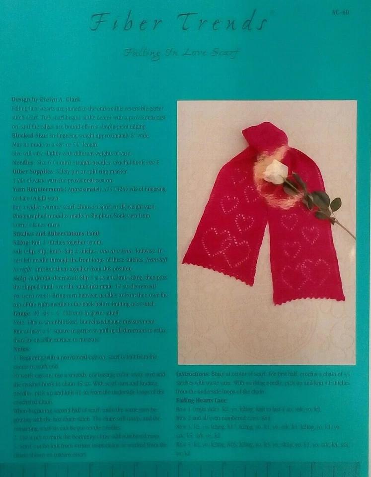 FALLING IN LOVE SCARF Fiber Trends Knitting Pattern Vintage 2001 Hearts Picot - Image 1 of 4