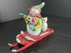 Sledding Snowman And Snow Owl Figurine Christmas Winter Fun Laura Benge - Picture 1 of 12
