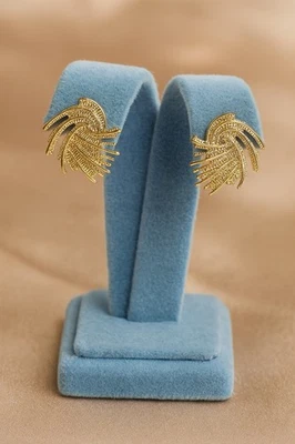 Anthropologie Feather Earrings VTG Art Nouveau Gold Statement Stud Textured Boho - Image 1 of 4