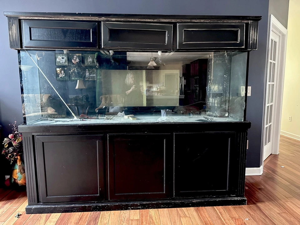 used 250gal aquarium tank w/stand, 2 lg filters, 3 LED lights, 6 outlets etc - Image 1 of 4