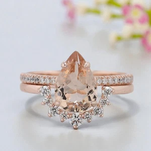 1.45 CT Pear Cut Natural Morganite Engagement Ring Set Rose Gold Ring FD447 - Picture 1 of 9